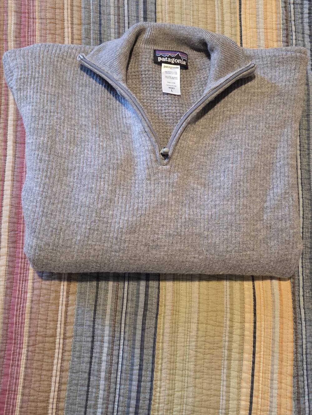 Patagonia 100% Merino Wool Quarter-Zip Ribbed Sweater Light Gray Men's Large